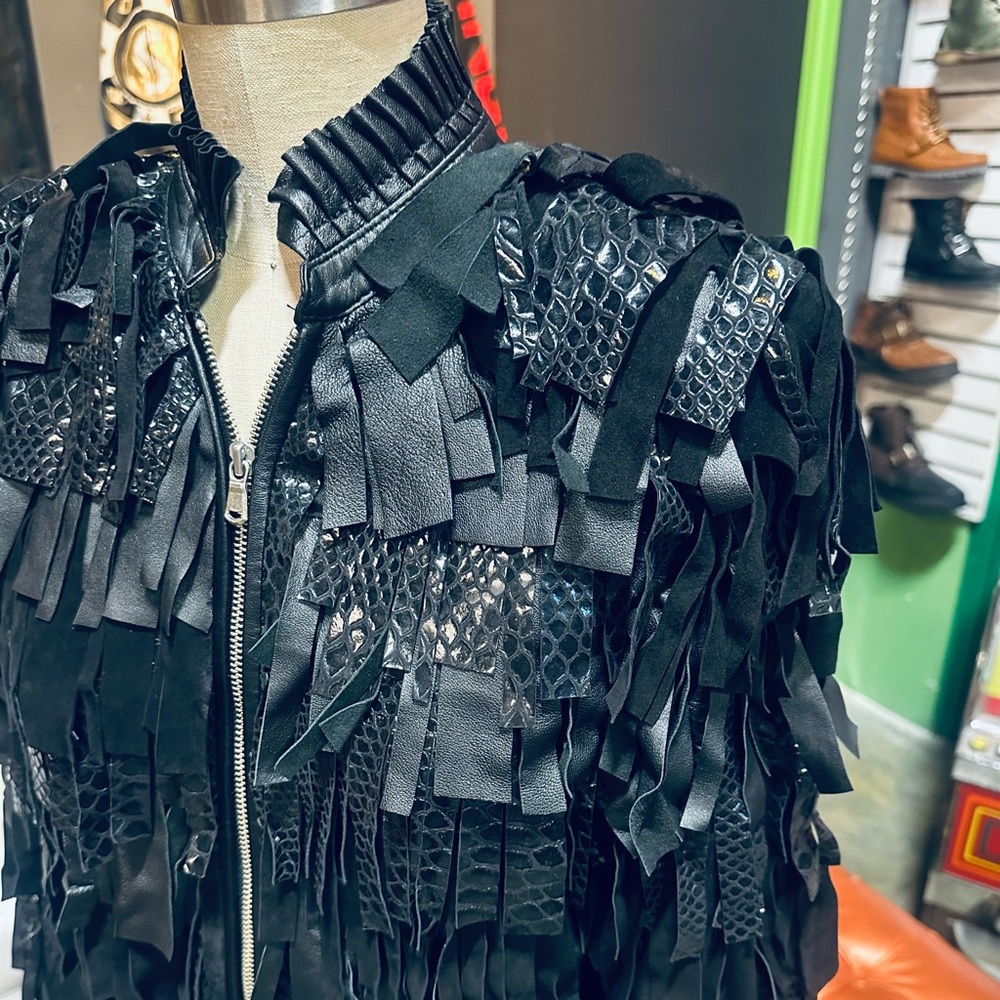 Fancy James Boutique Black Thick Shaggy Fringe Leather Jacket